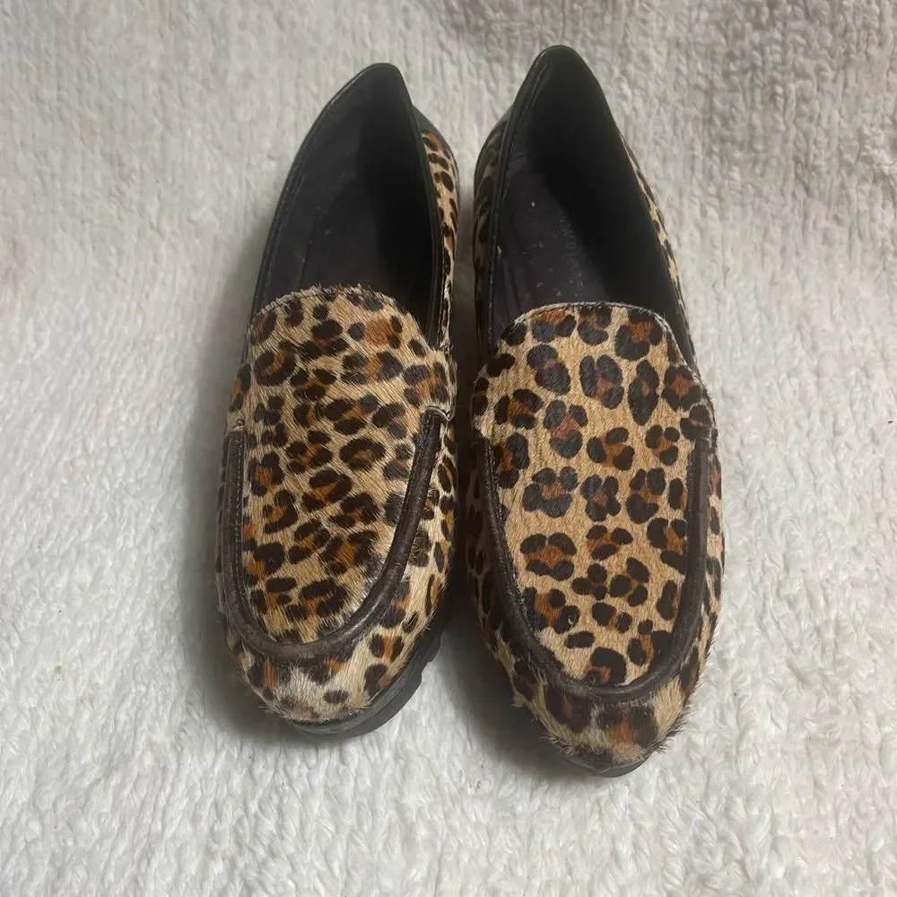 Donald J Pliner leather calf hair leopard Print Platform Slip-On Shoes SZ8.5M